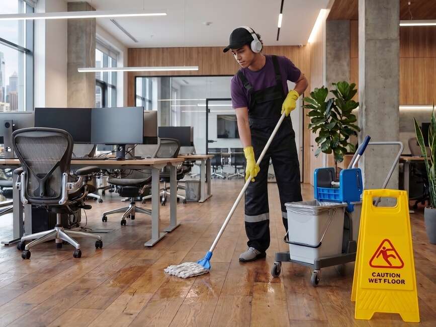 Cleaning crew mopping an office floor